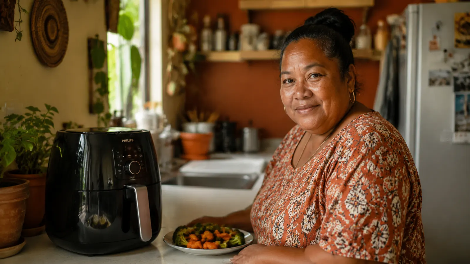 Compact air fryer sitting on a small apartment kitchen counter next to a single plate of golden roasted vegetables