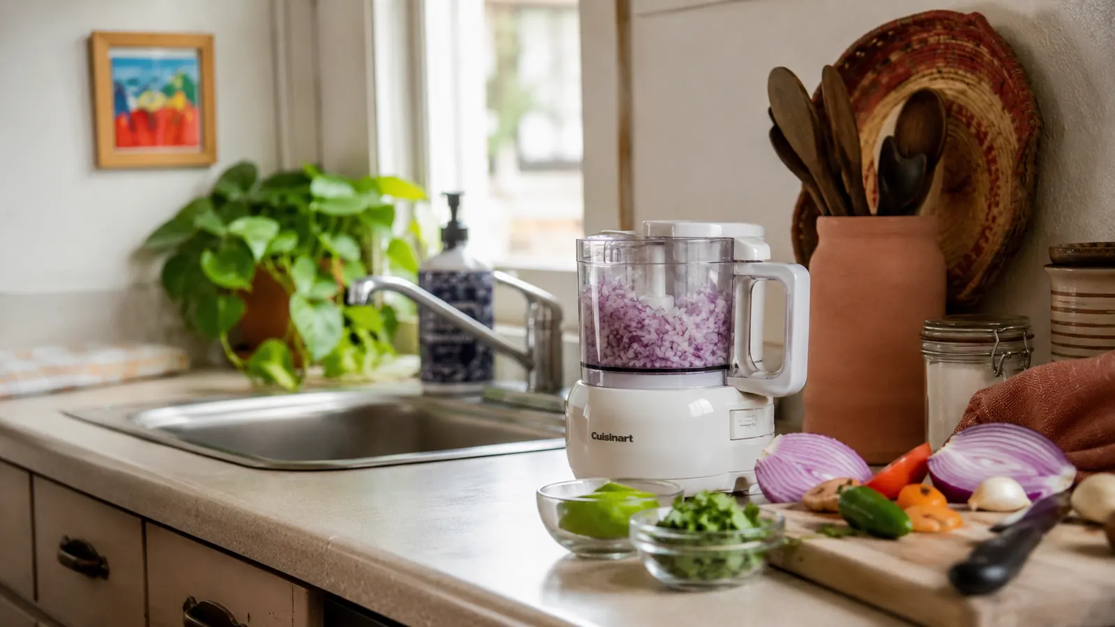 Small white food chopper on a clean kitchen counter next to a cutting board with chopped onion and herbs