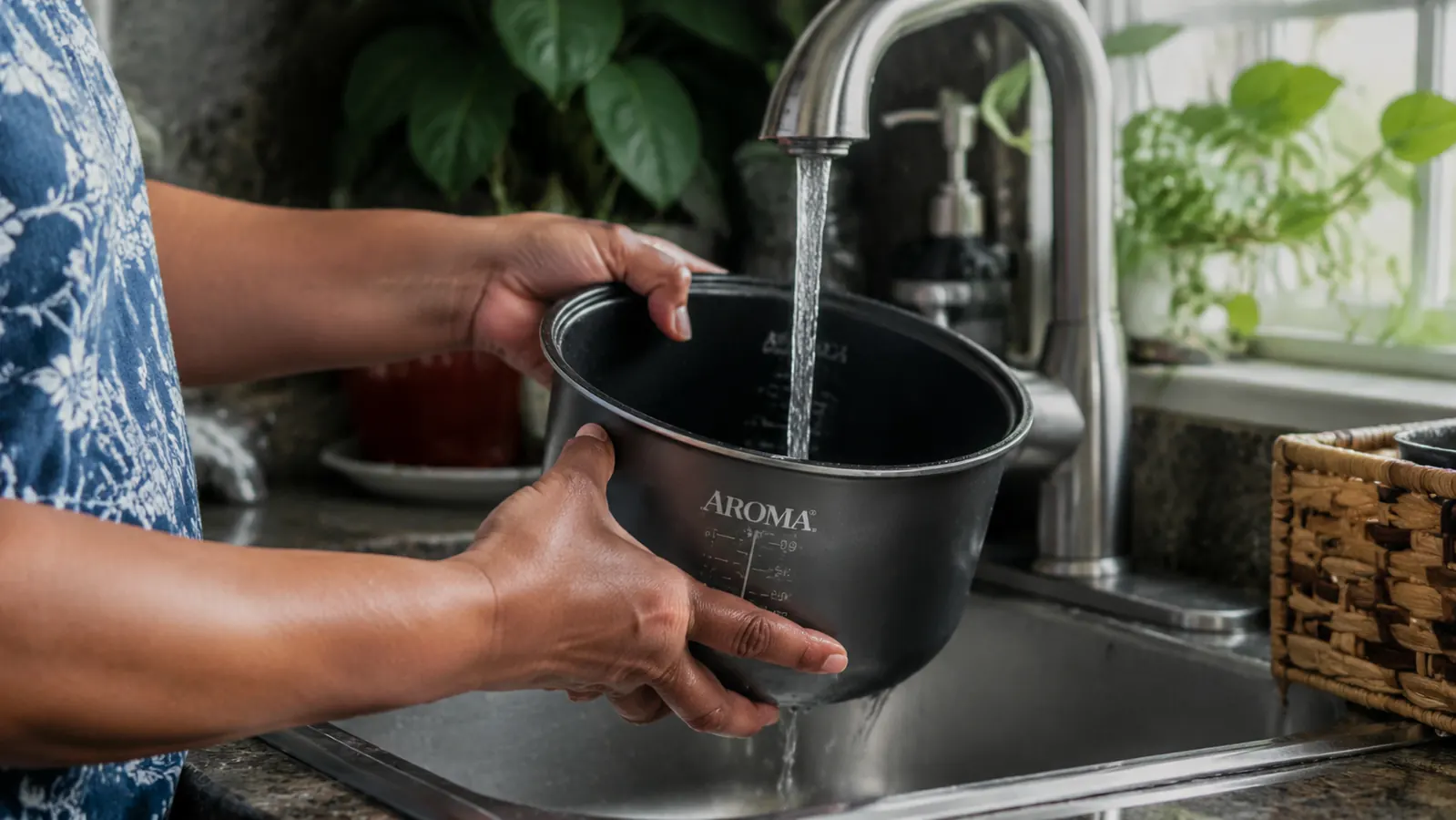 Small non-stick inner pot from a rice cooker being rinsed under a kitchen faucet for easy cleanup