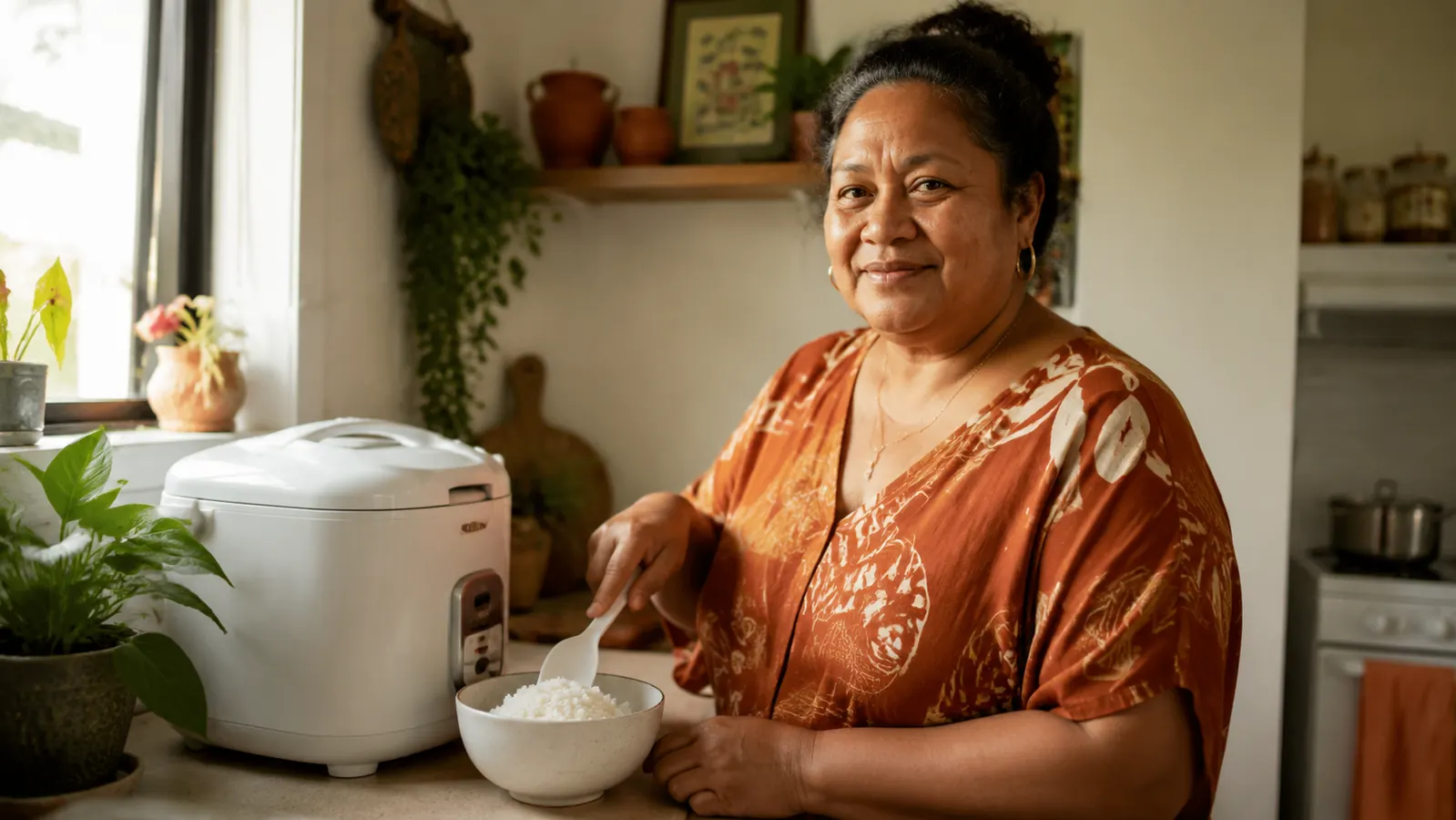 Compact AROMA rice cooker sitting on a small kitchen counter next to a bowl of steamed white rice