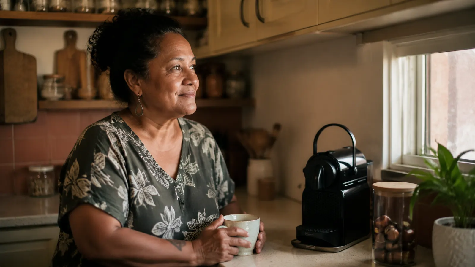 Compact single serve coffee maker on a small kitchen counter next to a mug in morning light