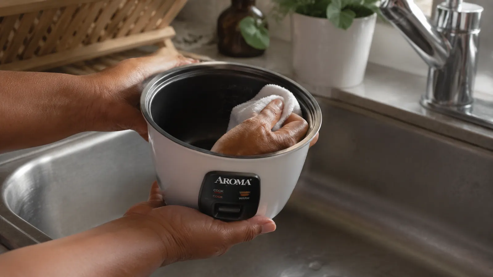 Aroma rice cooker inner pot being hand-washed gently with a soft cloth under warm water at the kitchen sink