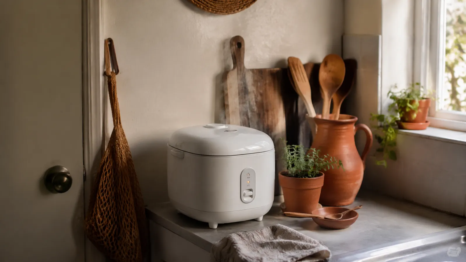 Aroma 3-Cup rice cooker on a small kitchen counter with steam gently rising from the vent, warm morning light through a window