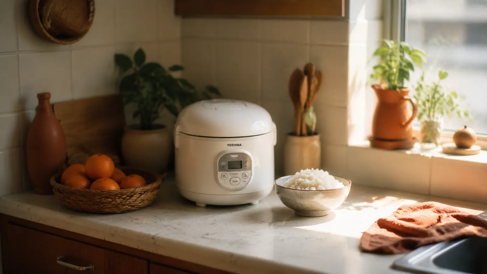 Compact white Aroma rice cooker sitting on a small kitchen counter next to a window with soft morning light