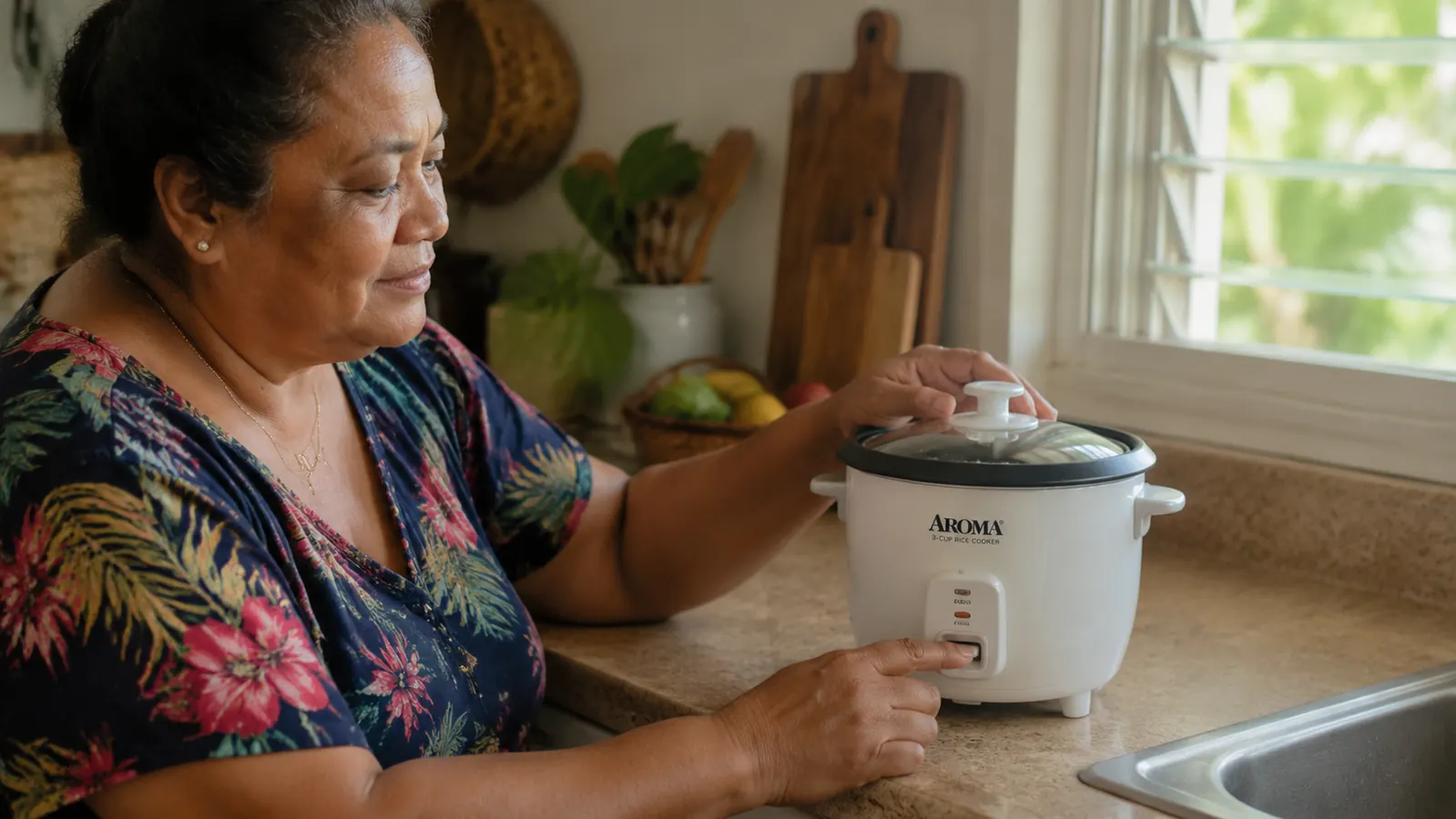 Older woman gently pressing the single button on a small rice cooker while standing in a tidy kitchen
