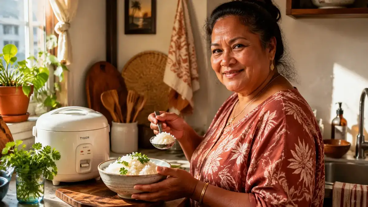 Small white rice cooker on a kitchen counter next to a bowl of steamed rice and a sprig of fresh herbs