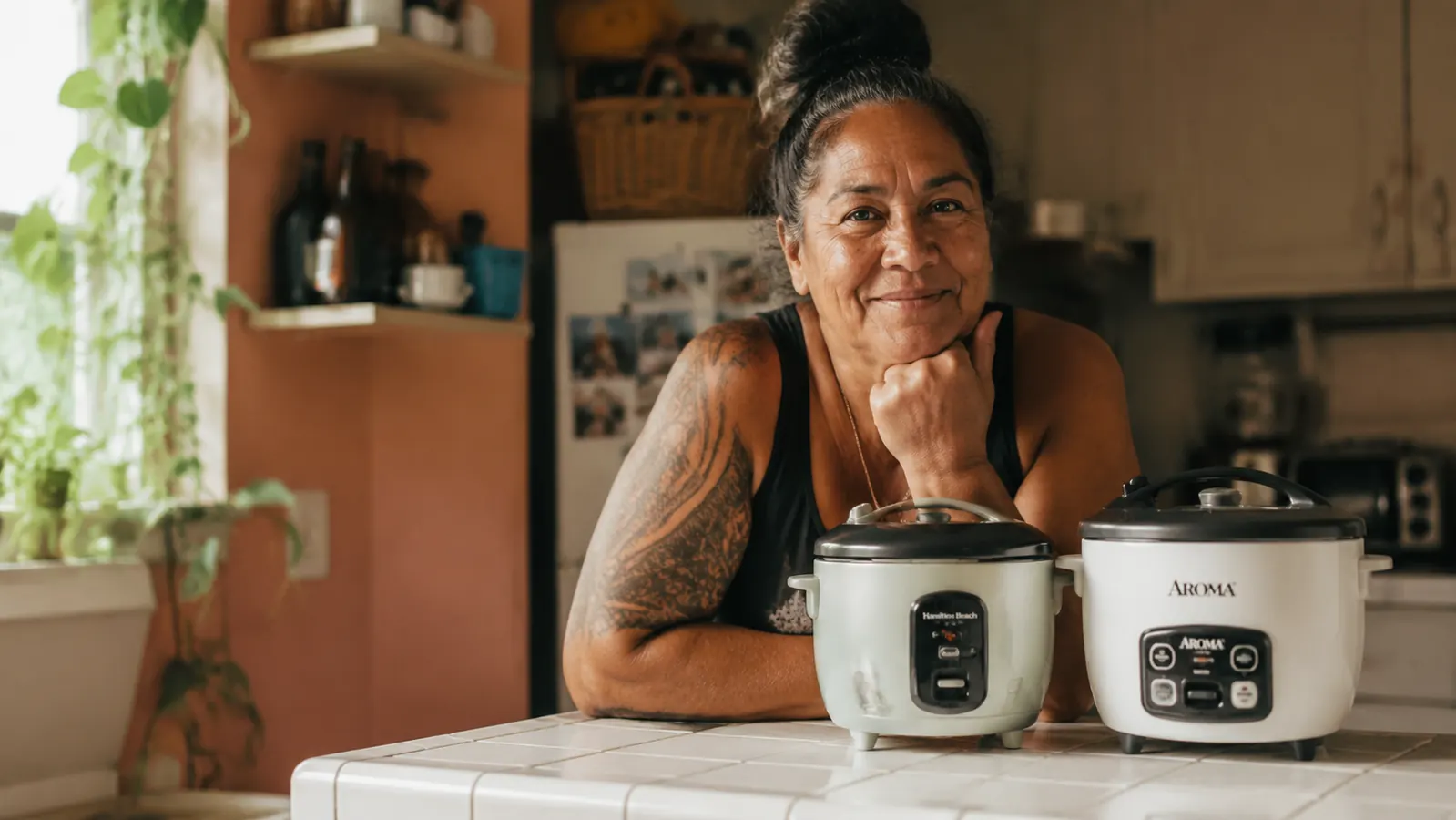 Two compact rice cookers side by side on a small kitchen counter in soft morning light