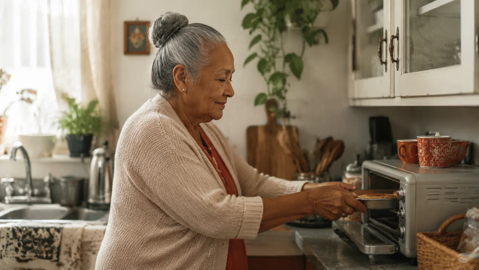 An elderly woman in a soft cardigan placing a small baking pan into a compact toaster oven on her kitchen counter
