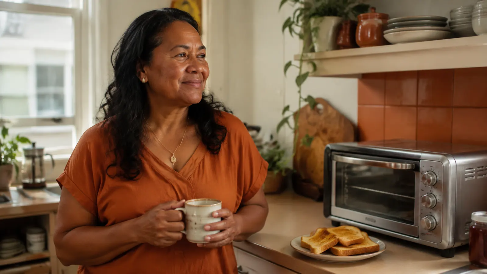 BLACK+DECKER TO1313SBD toaster oven sitting on a tidy kitchen counter next to a small plate of toast