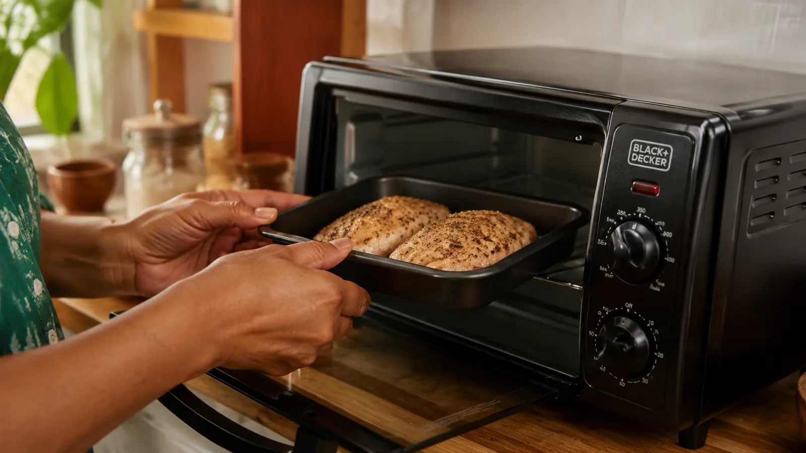 Hand placing a small baking pan with two chicken thighs into the BLACK+DECKER toaster oven