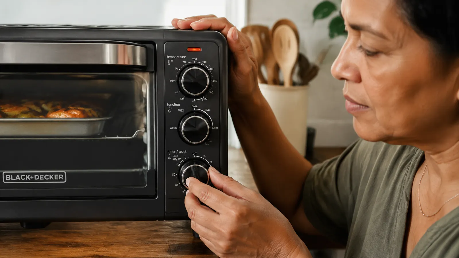 Close-up of the toaster oven dial controls showing bake, broil, and toast settings with a simple timer knob