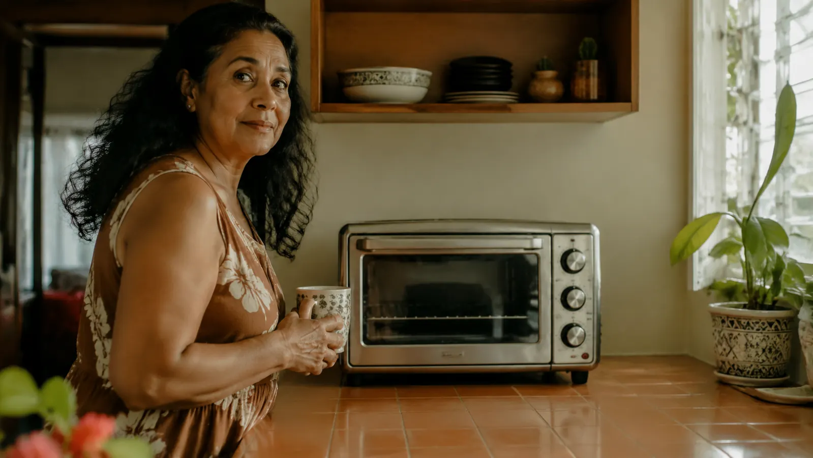 Compact silver toaster oven sitting on a small kitchen counter near a window with morning light coming through