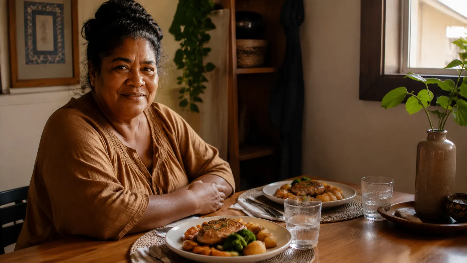 Two plates of simple home-cooked food on a small dining table set for two, warm evening light