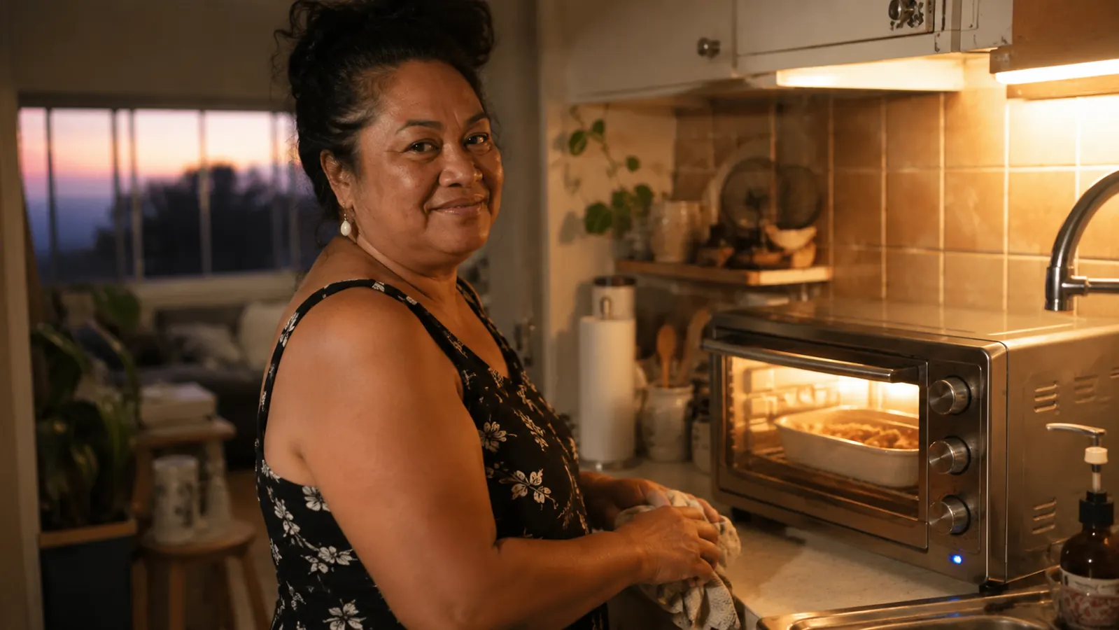 Warm kitchen counter at evening with a compact toaster oven glowing softly, a small baking dish inside