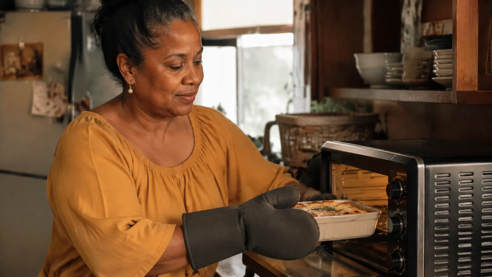 Person removing a small baking dish from a compact toaster oven using oven mitts
