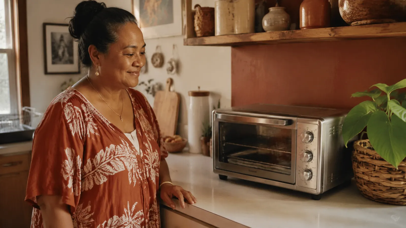 Compact toaster oven on a small kitchen counter with morning light coming through a window