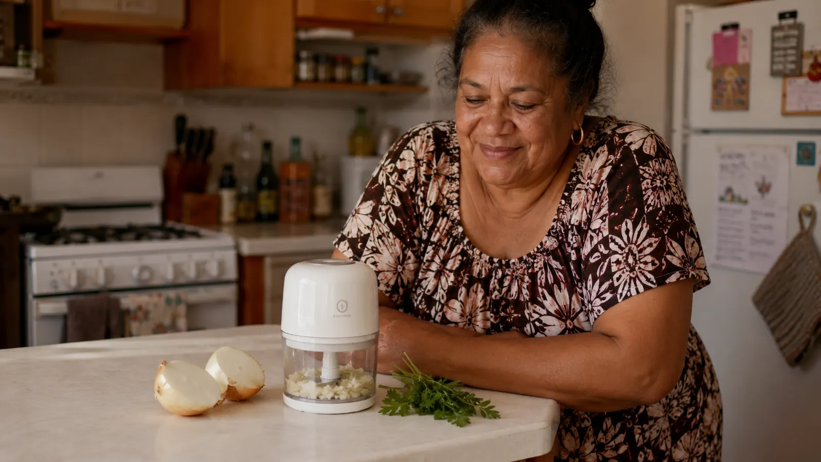 Hamilton Beach 3-cup food chopper sitting on a bone-white kitchen counter with a halved onion and fresh parsley beside it