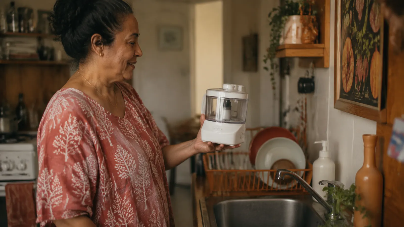 Woman carrying the Hamilton Beach chopper from counter to sink with one hand, showing its compact lightweight size