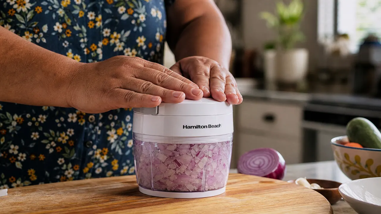 Hands pressing the lid of a Hamilton Beach 3-cup food chopper to pulse-chop a pile of onions