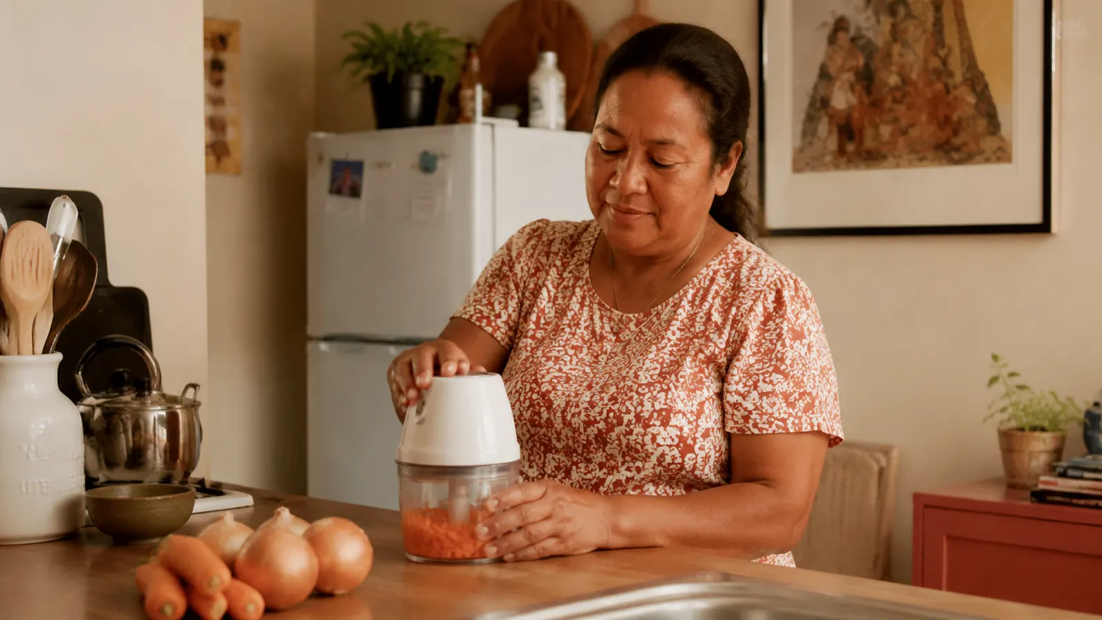 A compact white food chopper sitting on a small kitchen counter next to a cutting board with onions and carrots