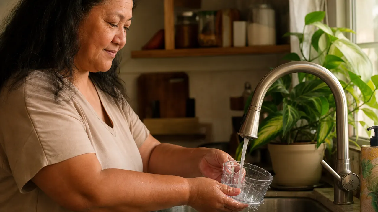 Compact food chopper bowl being rinsed under the kitchen tap, easy cleanup
