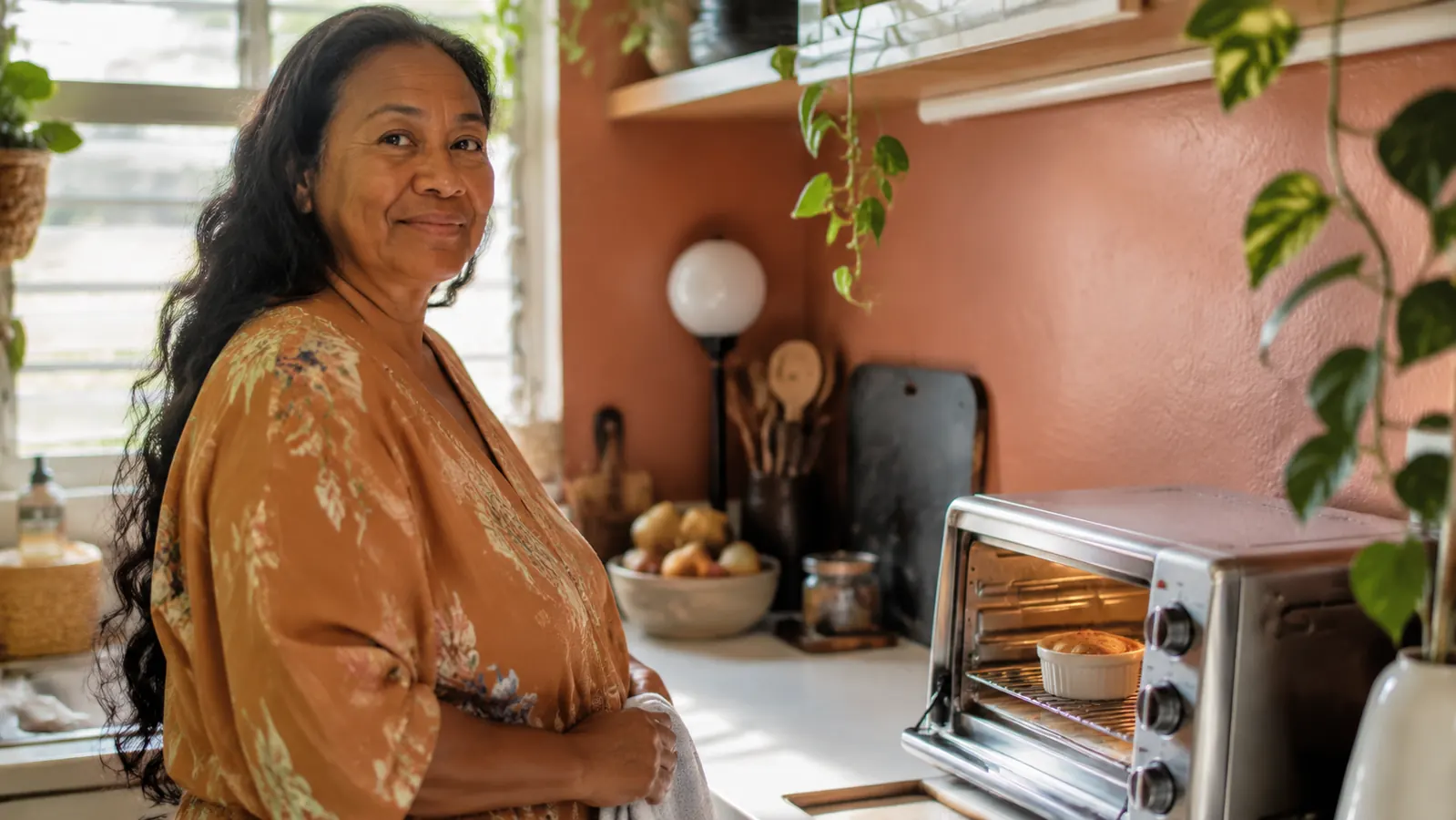 A compact toaster oven on a small kitchen counter with a single-serve baked dish resting on top, warm morning light