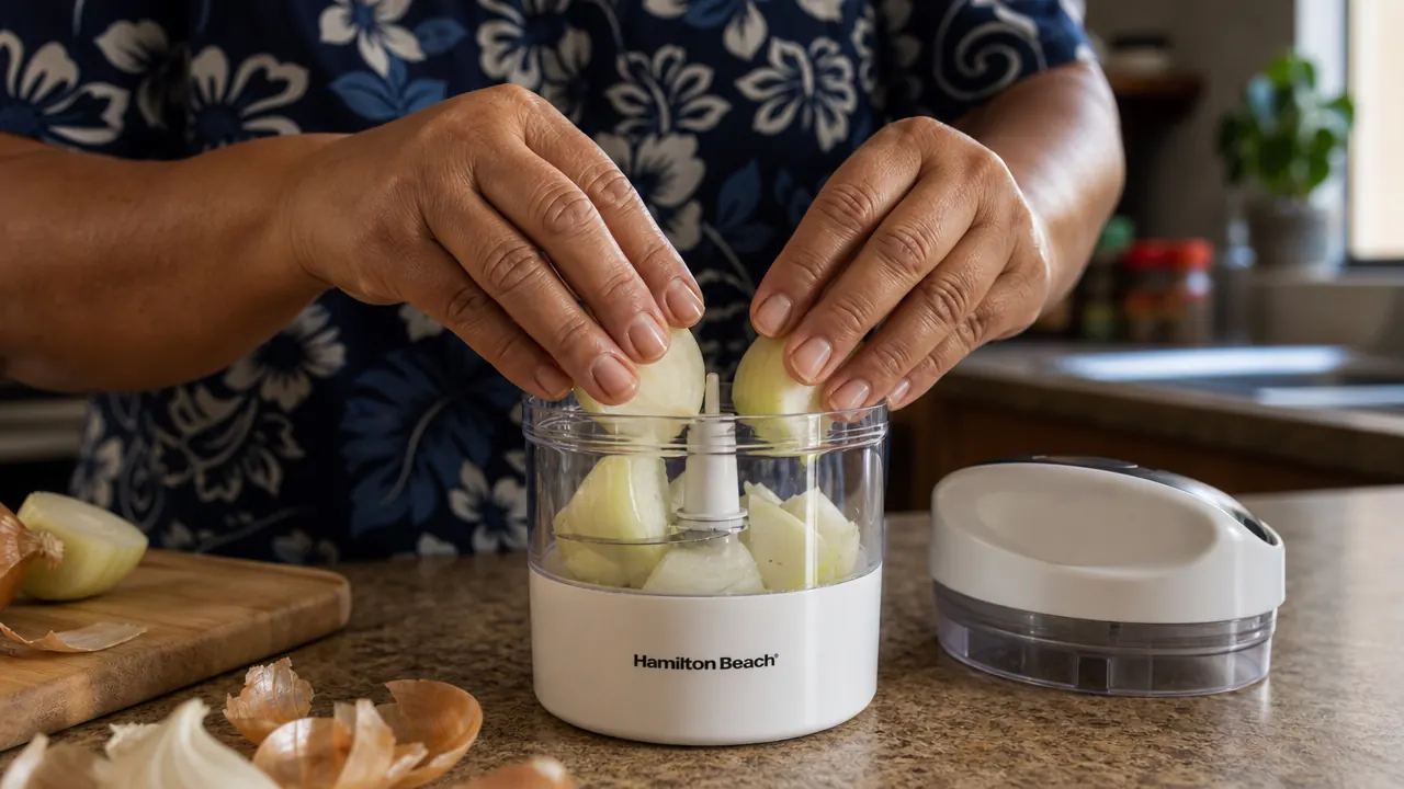 Hands loading onion quarters into the bowl of a Hamilton Beach 3-Cup mini food chopper