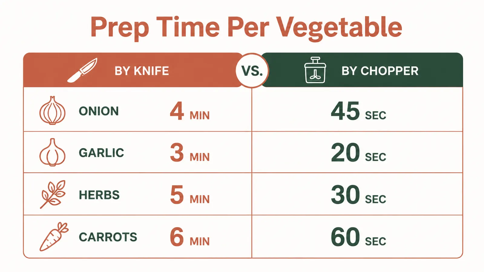 A weekly meal prep chart showing vegetable chopping time comparison: knife versus mini food chopper