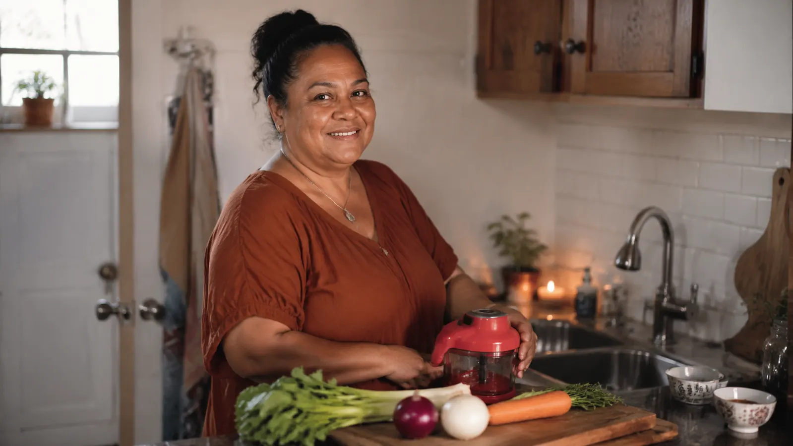 Fresh vegetables on a wooden cutting board next to a compact red food chopper on a small apartment kitchen counter