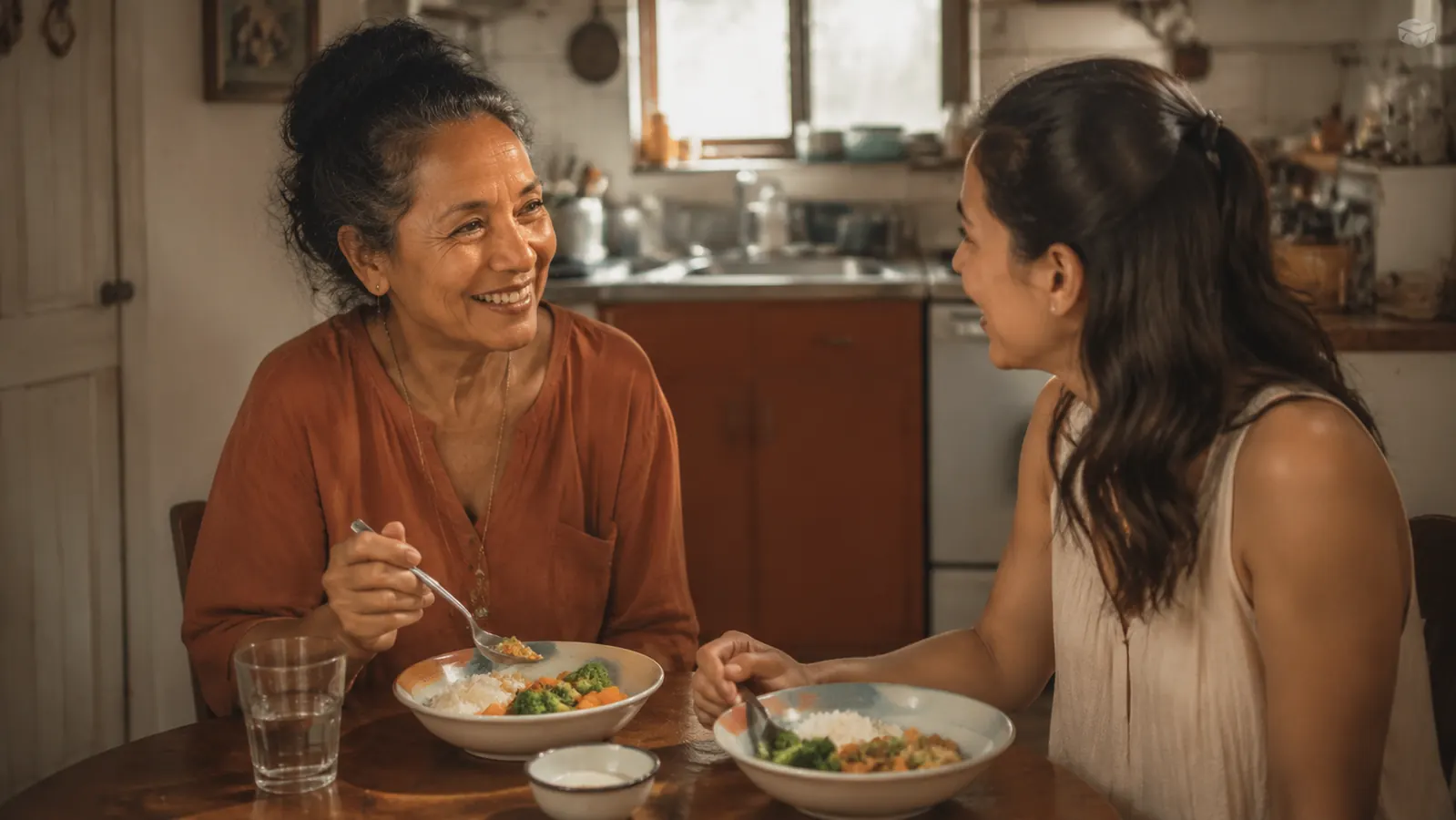 Elderly woman and caregiver sitting together at a small kitchen table, two bowls of rice and vegetables in front of them