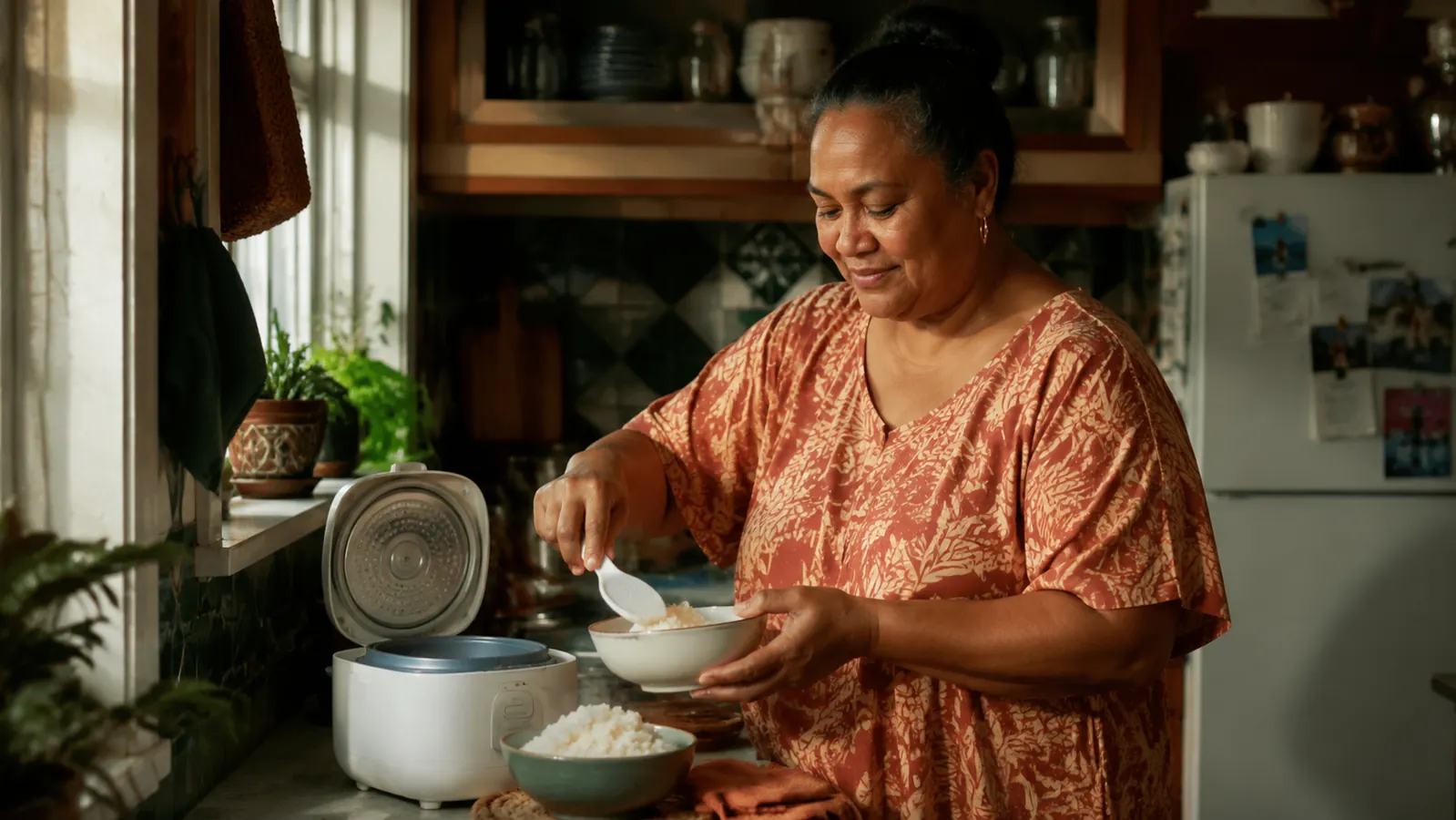 Small white rice cooker on a clean kitchen counter with a bowl of fluffy cooked white rice beside it
