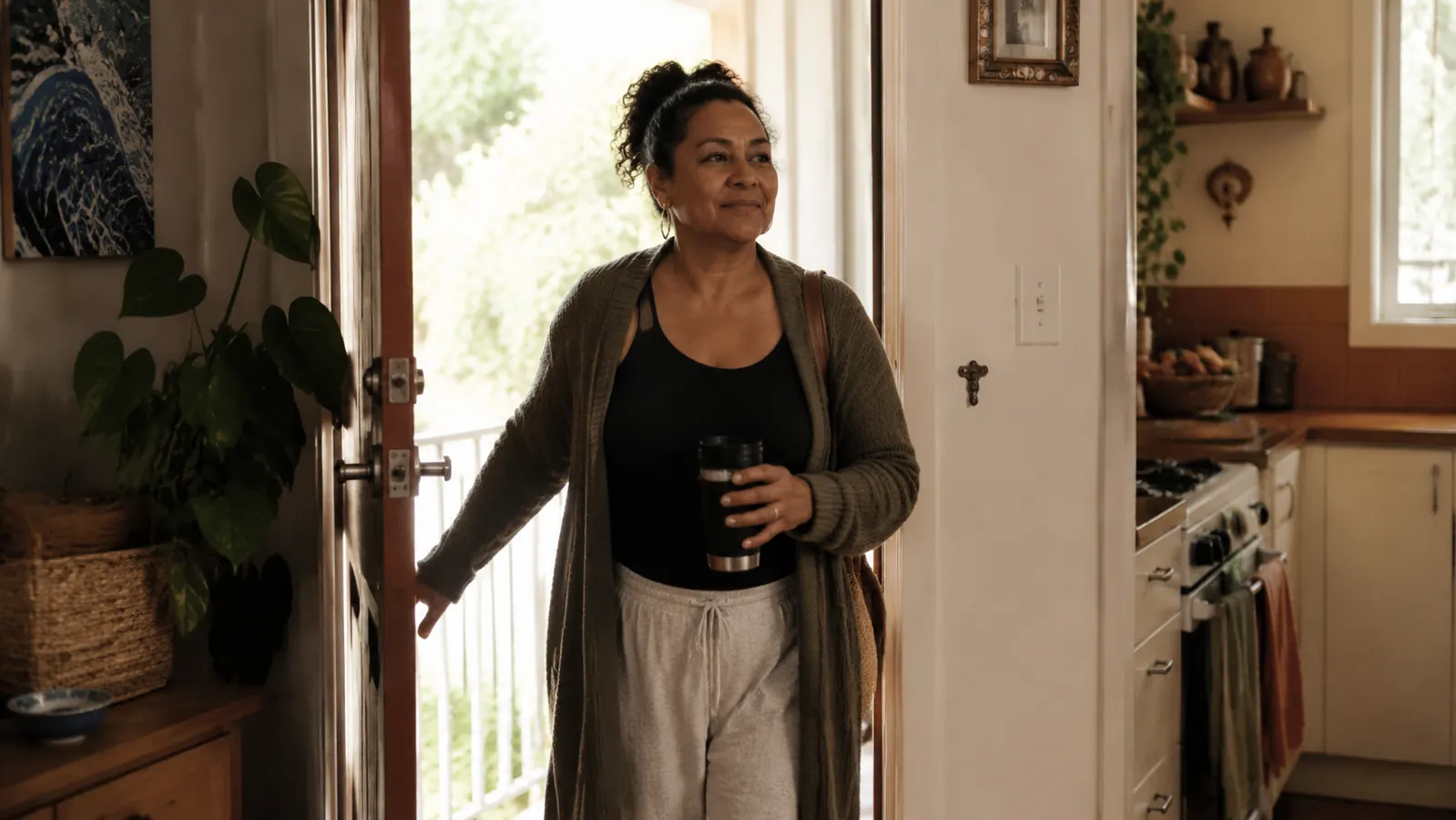 Woman walking out the door of a small apartment holding a travel mug, morning light in the hallway