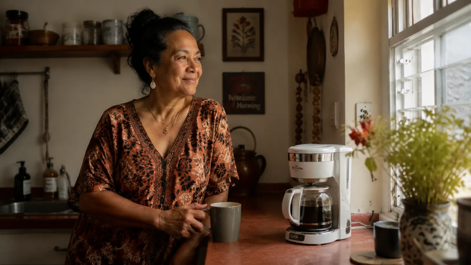 Keurig K-Mini coffee maker on a small kitchen counter next to a mug and morning sunlight coming through a window