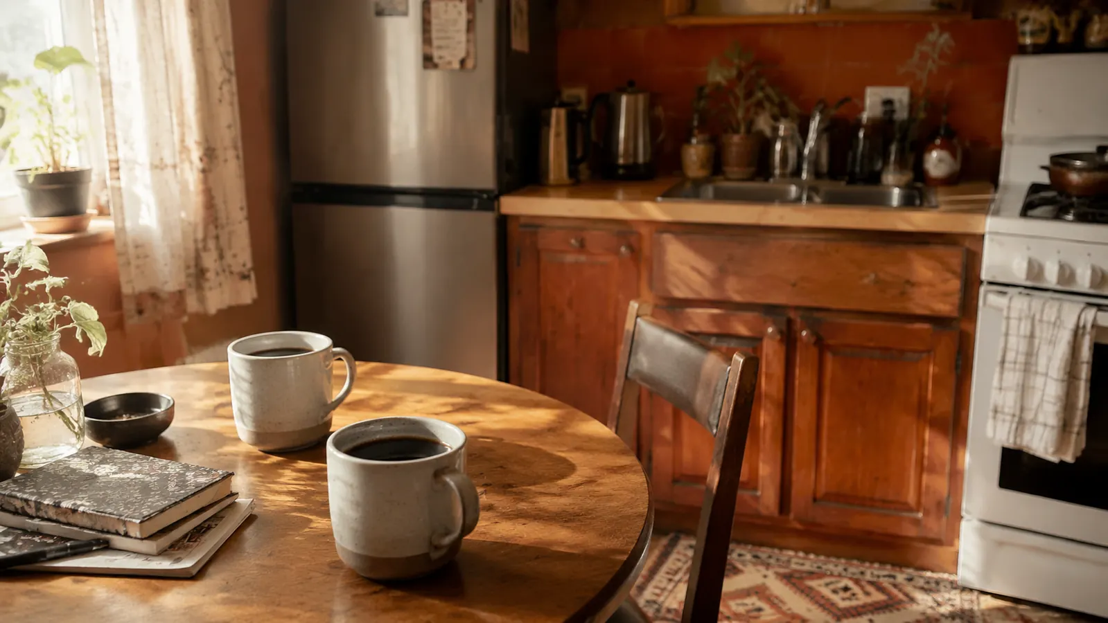 Two ceramic mugs of coffee on a small kitchen table with morning light