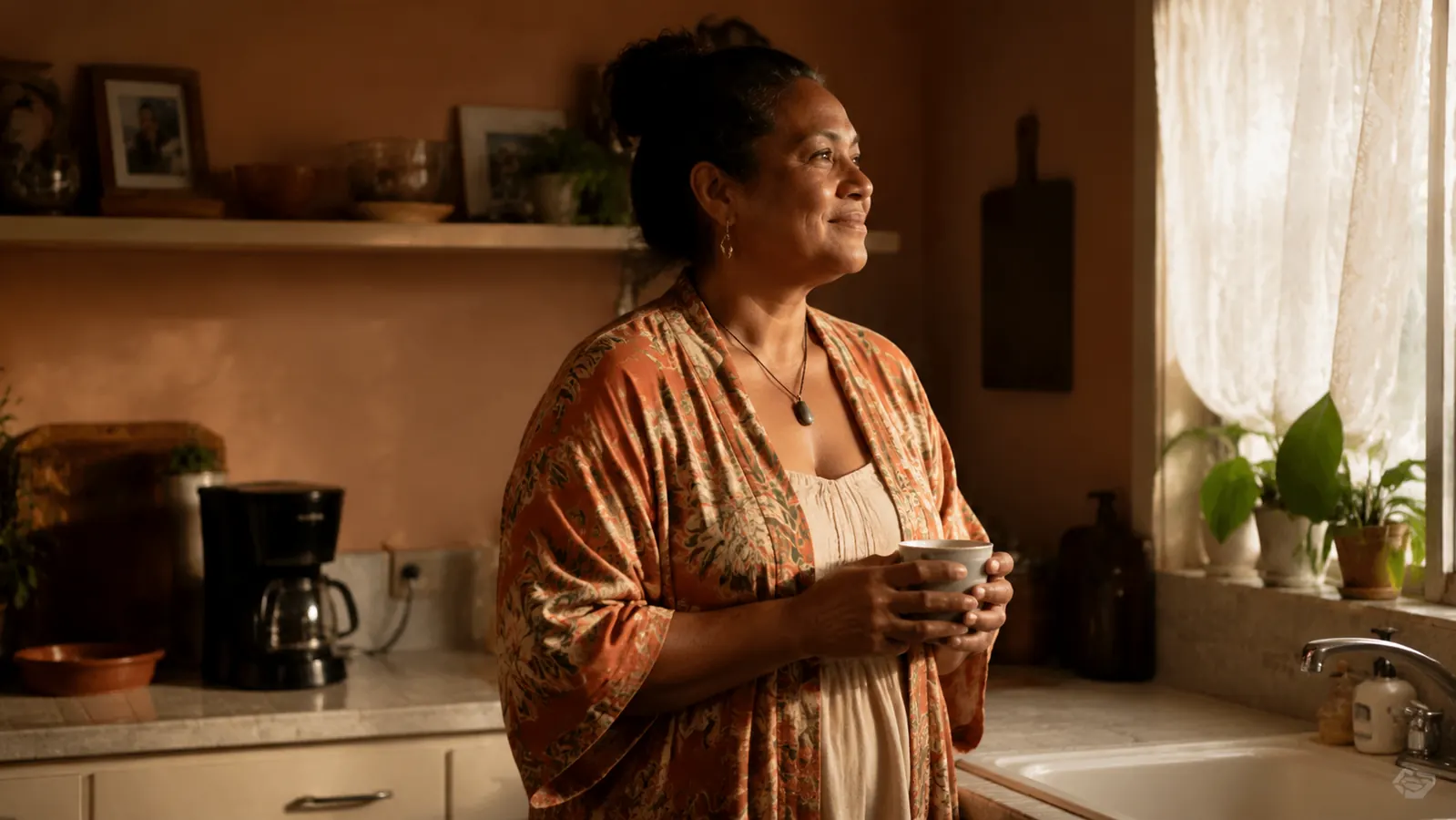 A warm kitchen counter at dawn with a small single-serve coffee maker beside a mug, soft morning light coming through a window