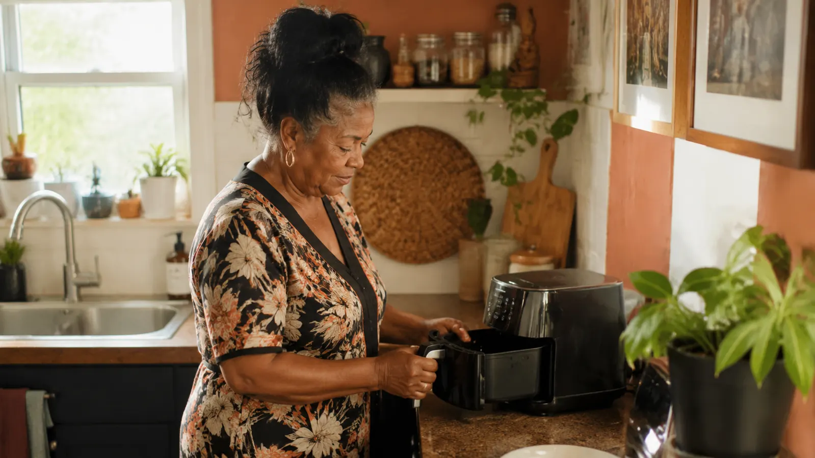 Ninja air fryer on a small kitchen counter beside a window with afternoon light, basket pulled halfway out