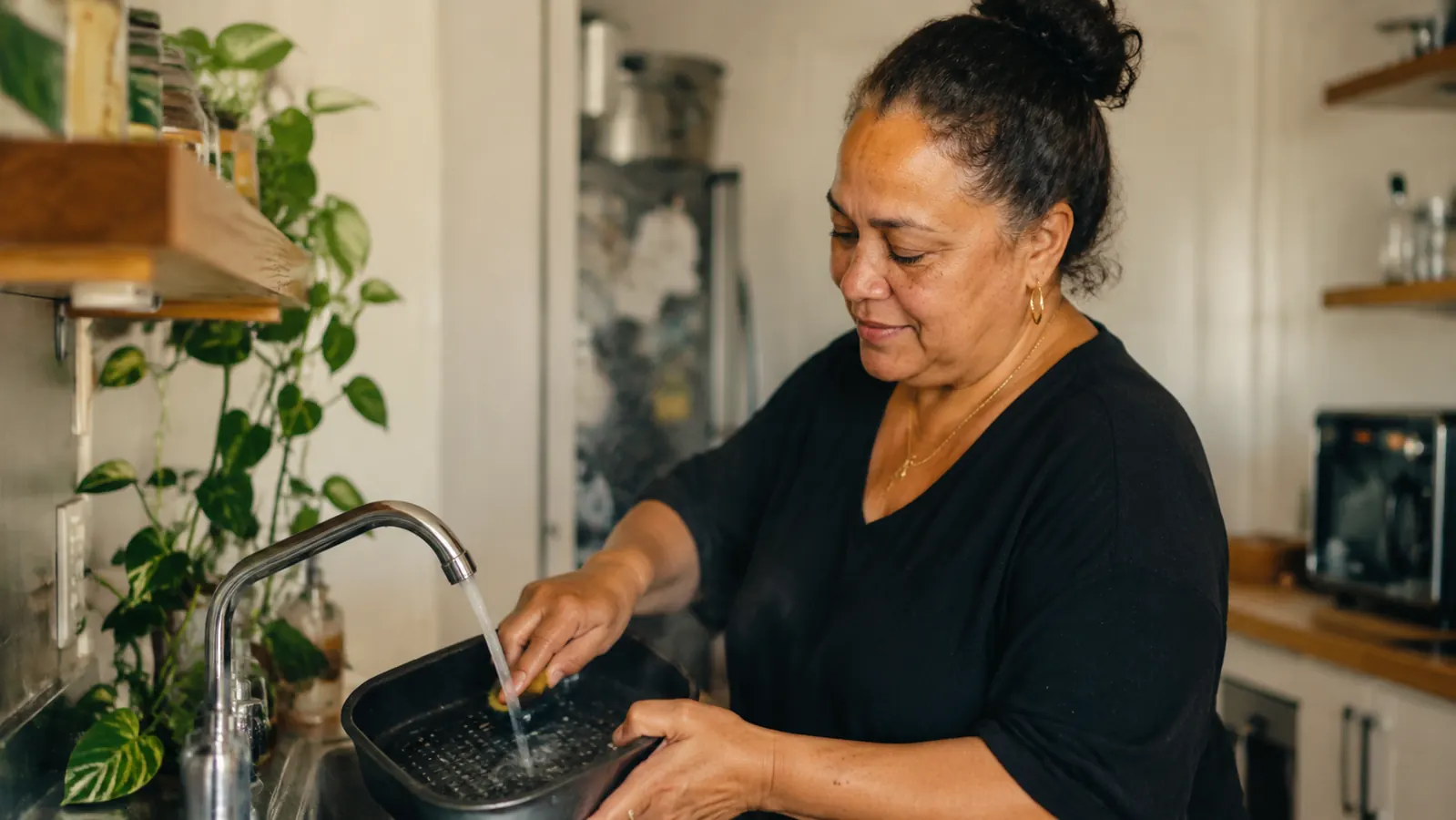 Air fryer basket being rinsed under the kitchen sink faucet for easy cleanup