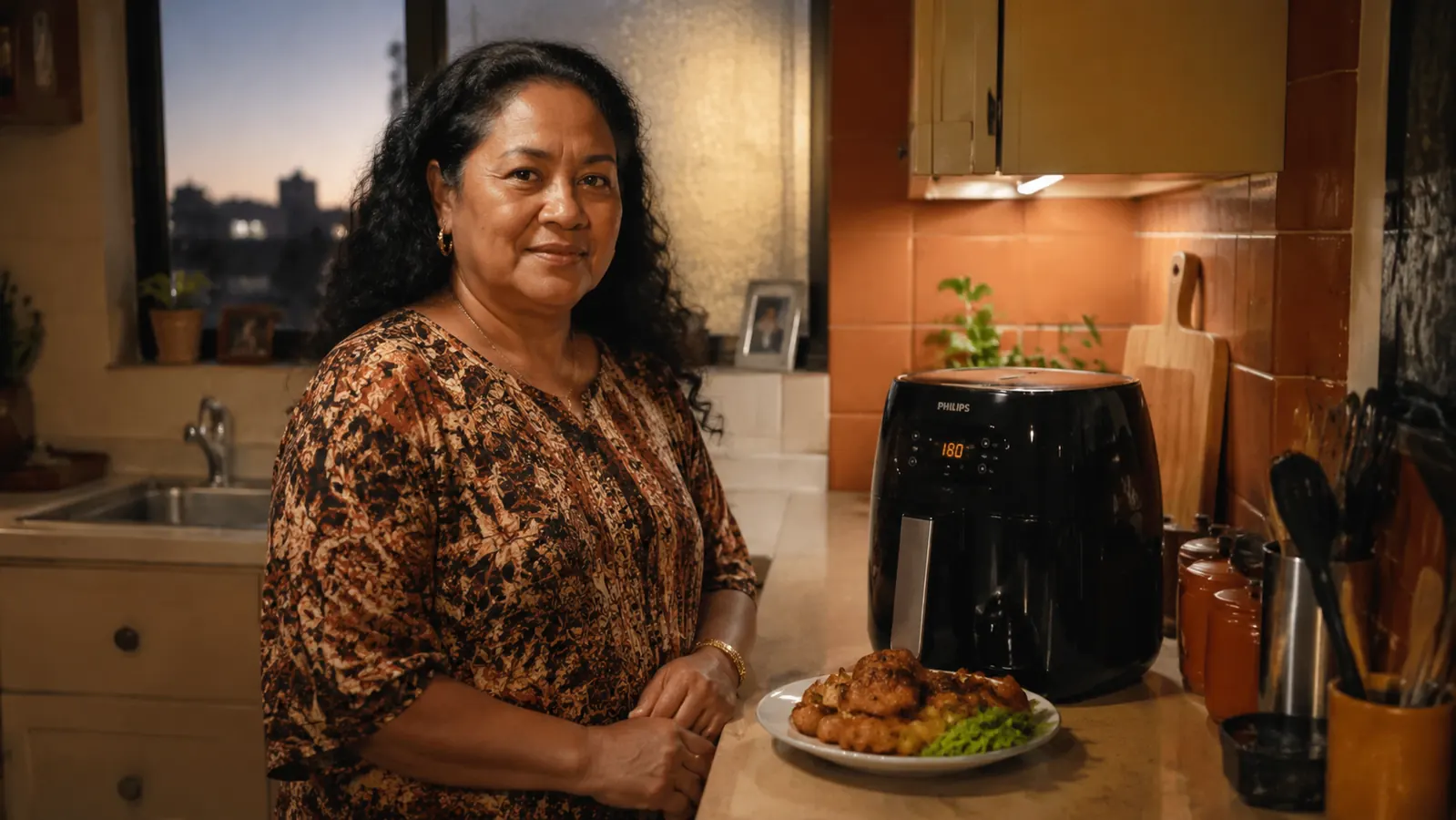 A compact air fryer sitting on a small kitchen counter beside a single plate of food, warm evening light through a window